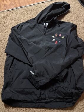 adidas Black Hooded Zip Jacket with Multicolor Trefoil Details